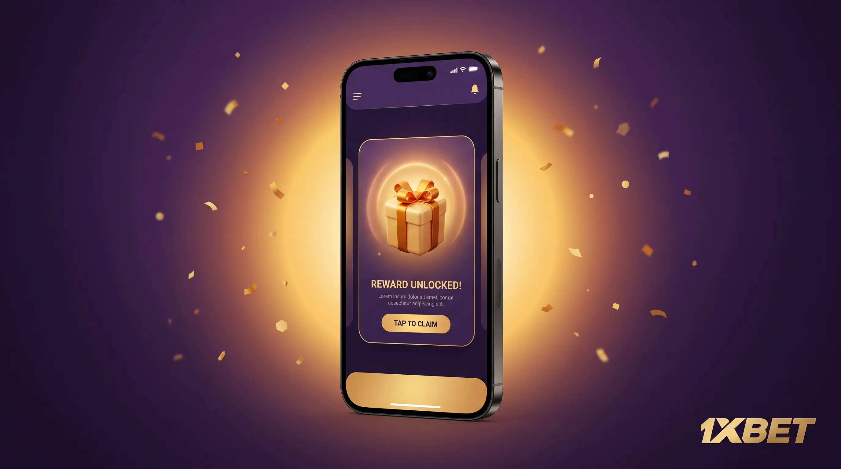 Smartphone with a glowing gift-box icon, illustrating what you unlock after the 1xbet download.