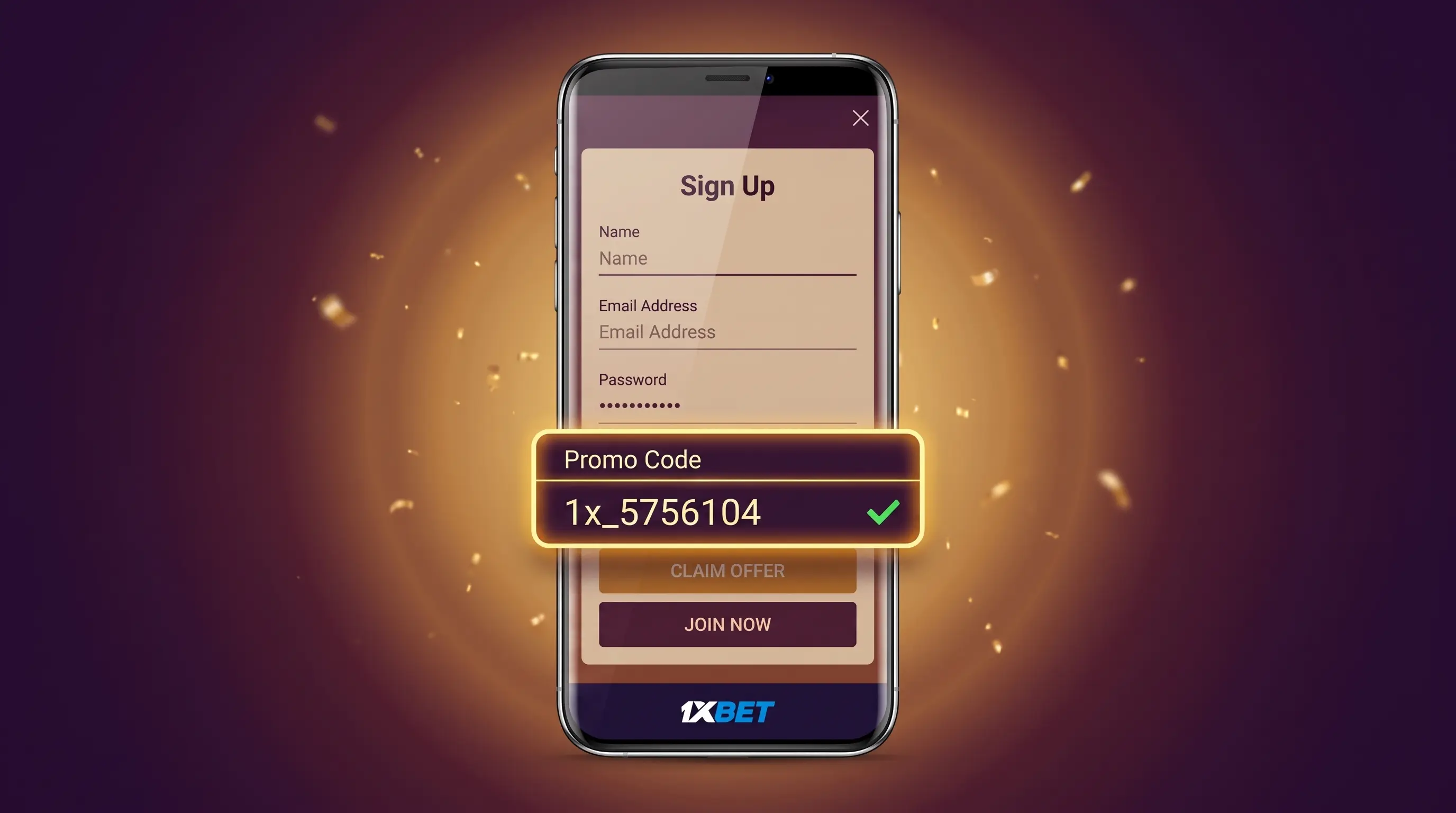 Smartphone sign-up screen with a highlighted field, illustrating what a 1xbet promo code unlocks.