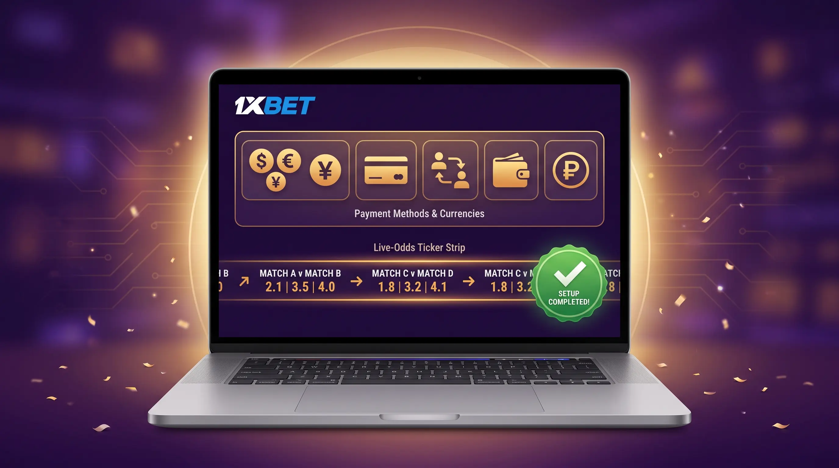 Generic account dashboard with currency and payment icons, illustrating what a 1xbet sign up unlocks.